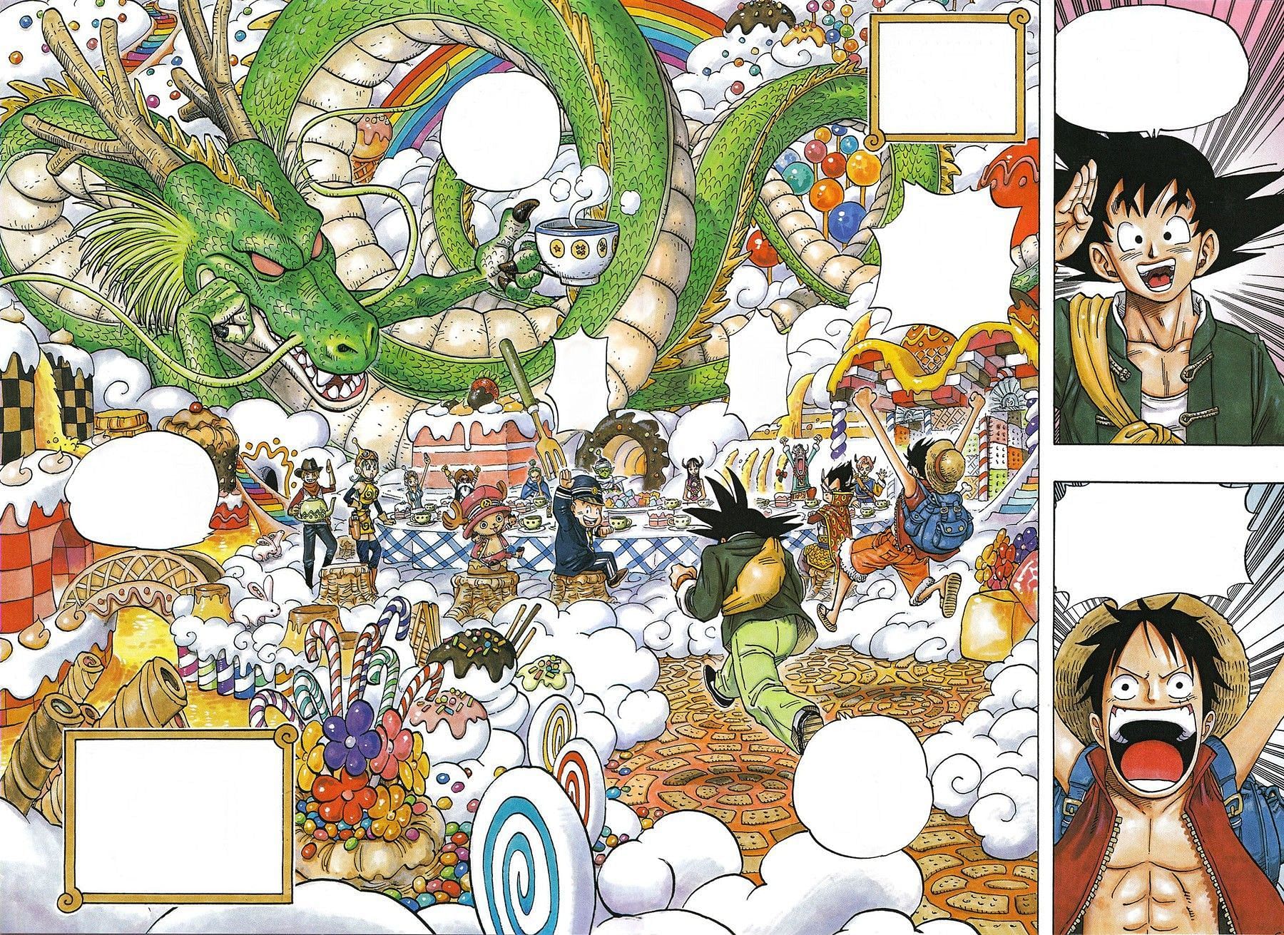 Taking a look at the official One Piece X Dragon Ball crossover (image via Akira Toriyama, Eiichiro Oda, and Shueisha)