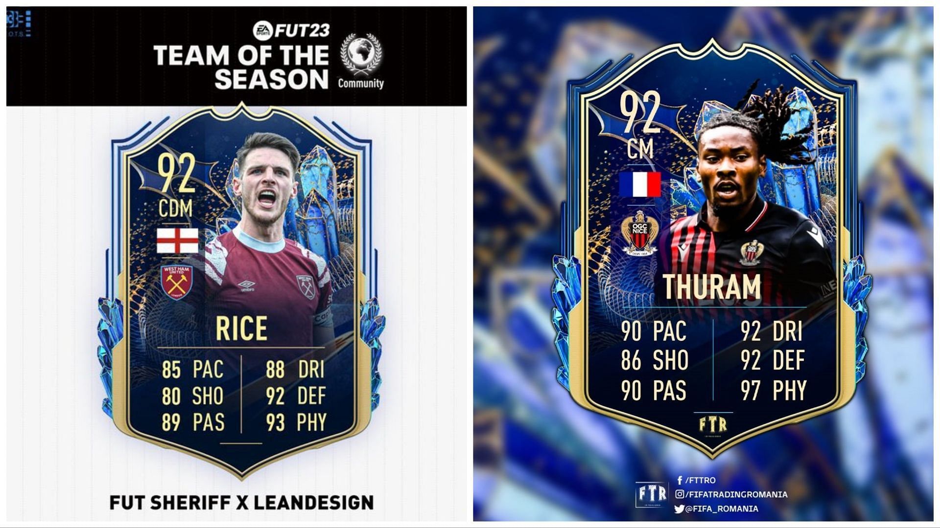 TOTS Rice and Thuram have been leaked (Images via Twitter/FUT Sheriff and Twitter/FIFATradingRomania)