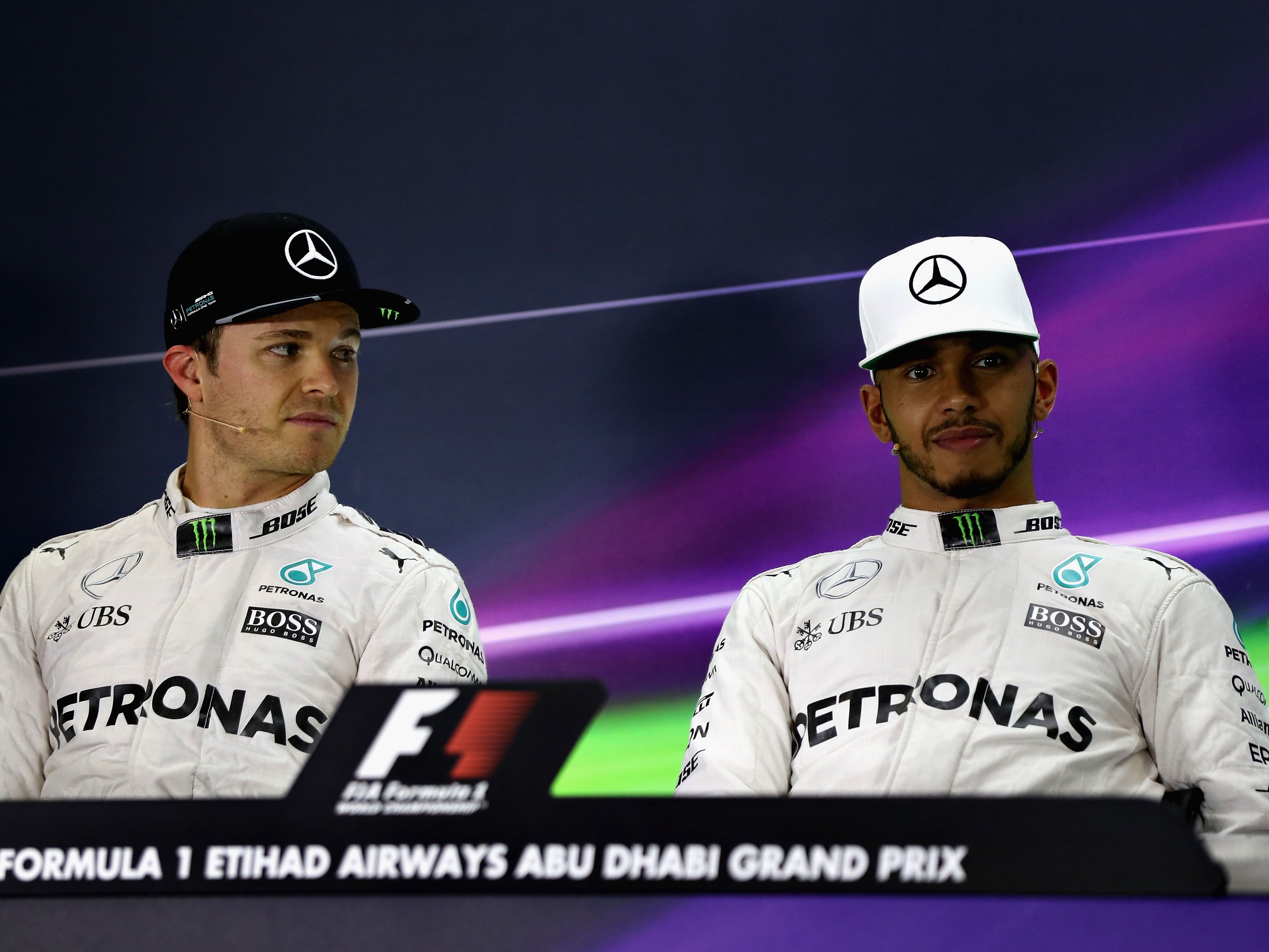 Lewis Hamilton and Nico Rosberg in the post qualifying press conference for the 2016 F1 Abu Dhabi Grand Prix. (Photo by Mark Thompson/Getty Images)