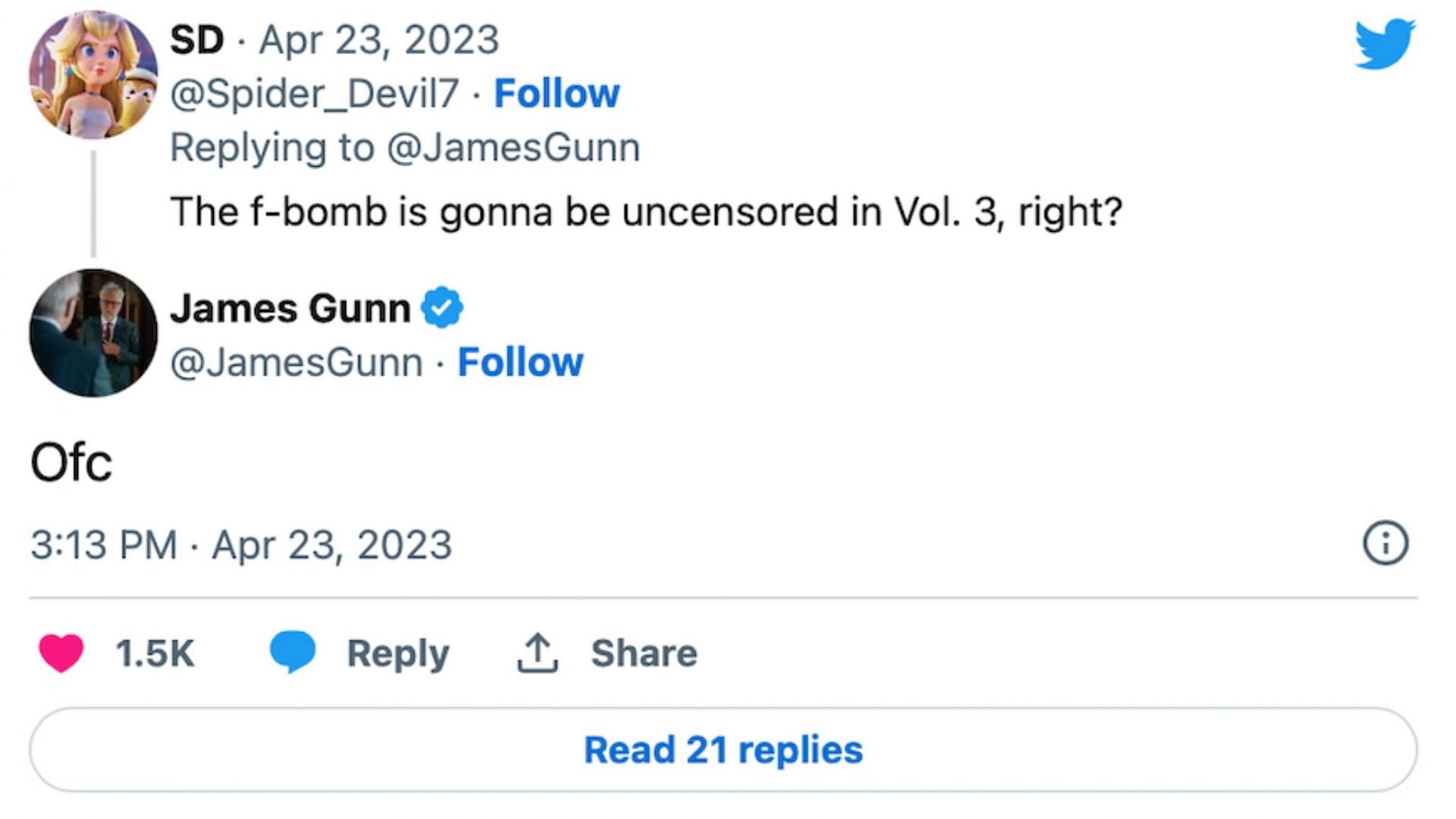 James Gunn confirms F-bomb in Guardians of the Galaxy Vol 3 via tweet (Image via James Gunn&#039;s Twitter)
