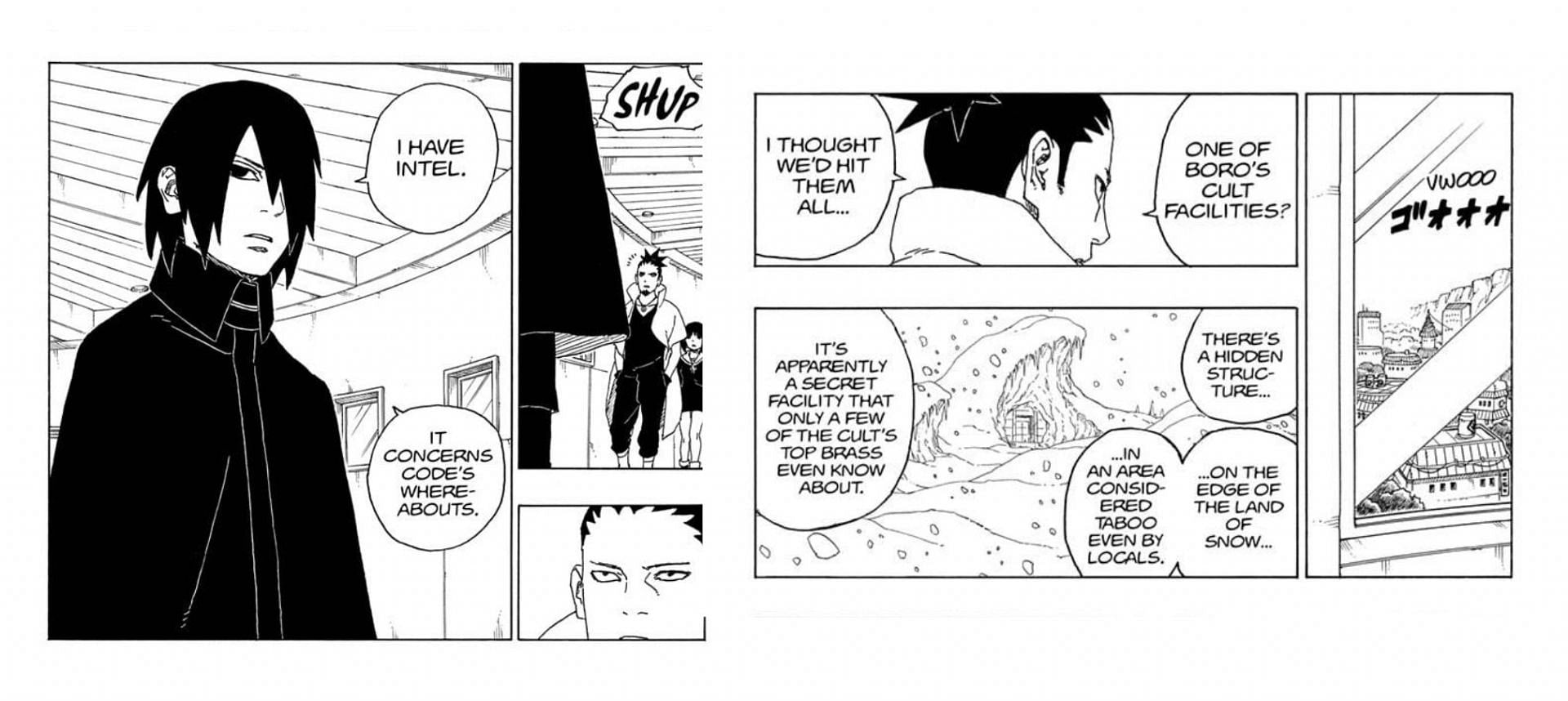 Sasuke giving intel on Code&#039;s whereabouts (Image via Shueisha)