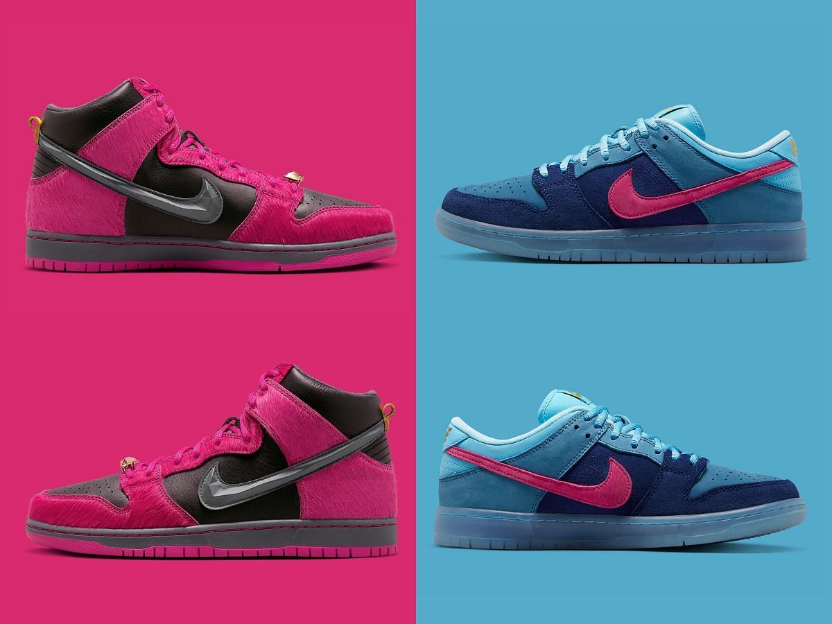 The upcoming Nike x Run The Jewels collaborative collection features vibrant makeover of SB Dunk High and SB Dunk Low sneaker models (Image via Sportskeeda)