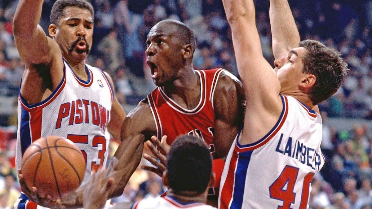 Chicago Bulls legend Michael Jordan attempting to score against the &quot;Bad Boy&quot; Pistons