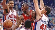Chicago Bulls legend Michael Jordan attempting to score against the "Bad Boy" Pistons