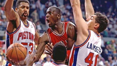 Chicago Bulls legend Michael Jordan attempting to score against the "Bad Boy" Pistons