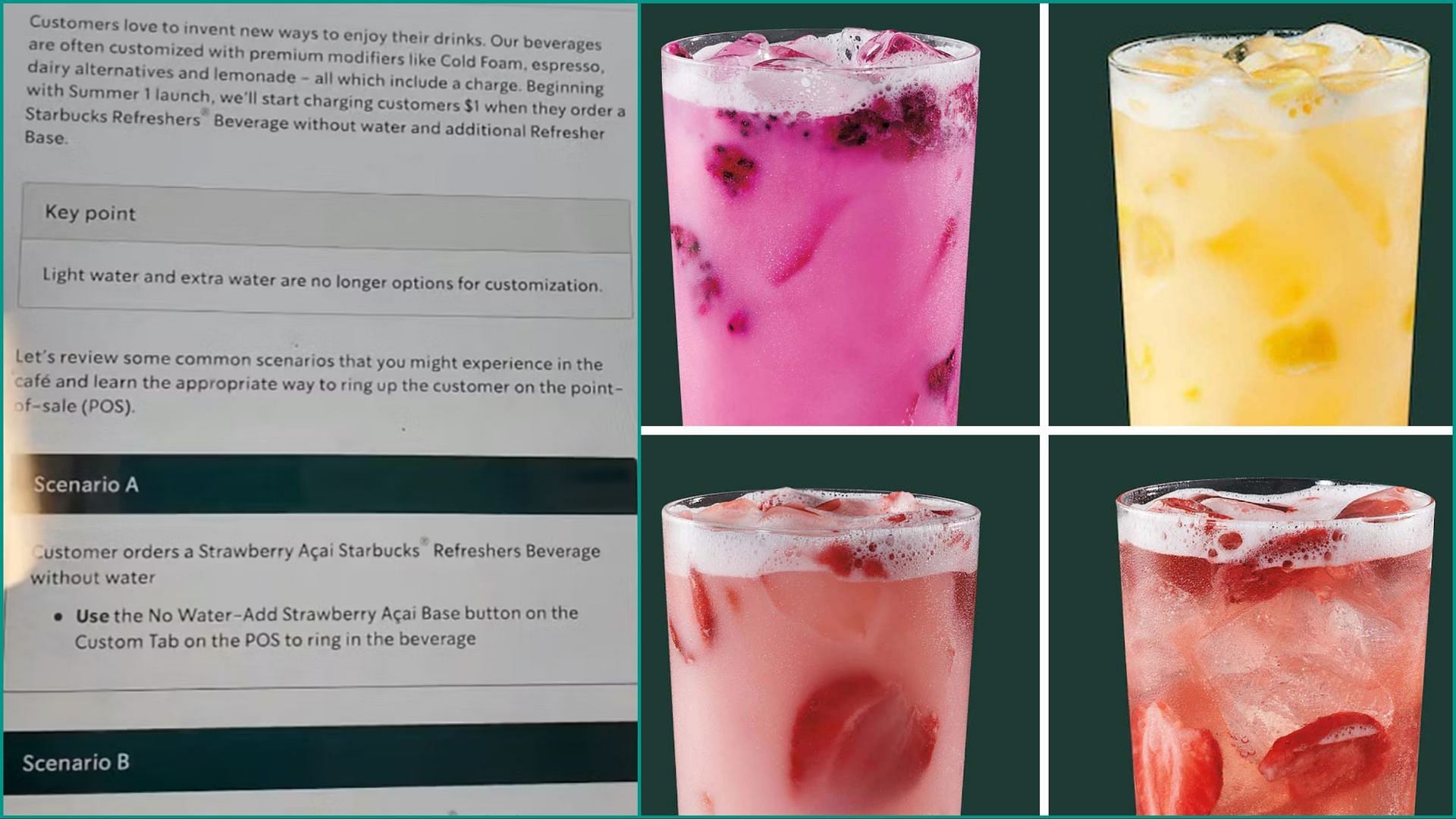 rumored policy changes will lead to customers paying more for light ice, no ice, or no water customizations on all Refresher drinks (Image via @4rayah.sunshine / TikTok /Starbucks)