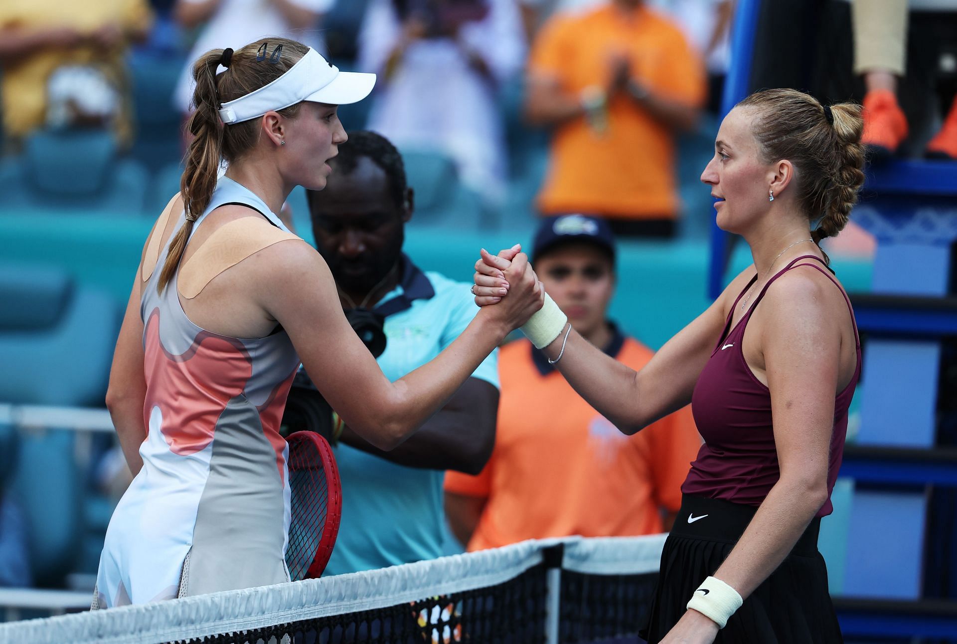 Petra Kvitova and Elena Rybakina during their post-match handshake at the Miami Open