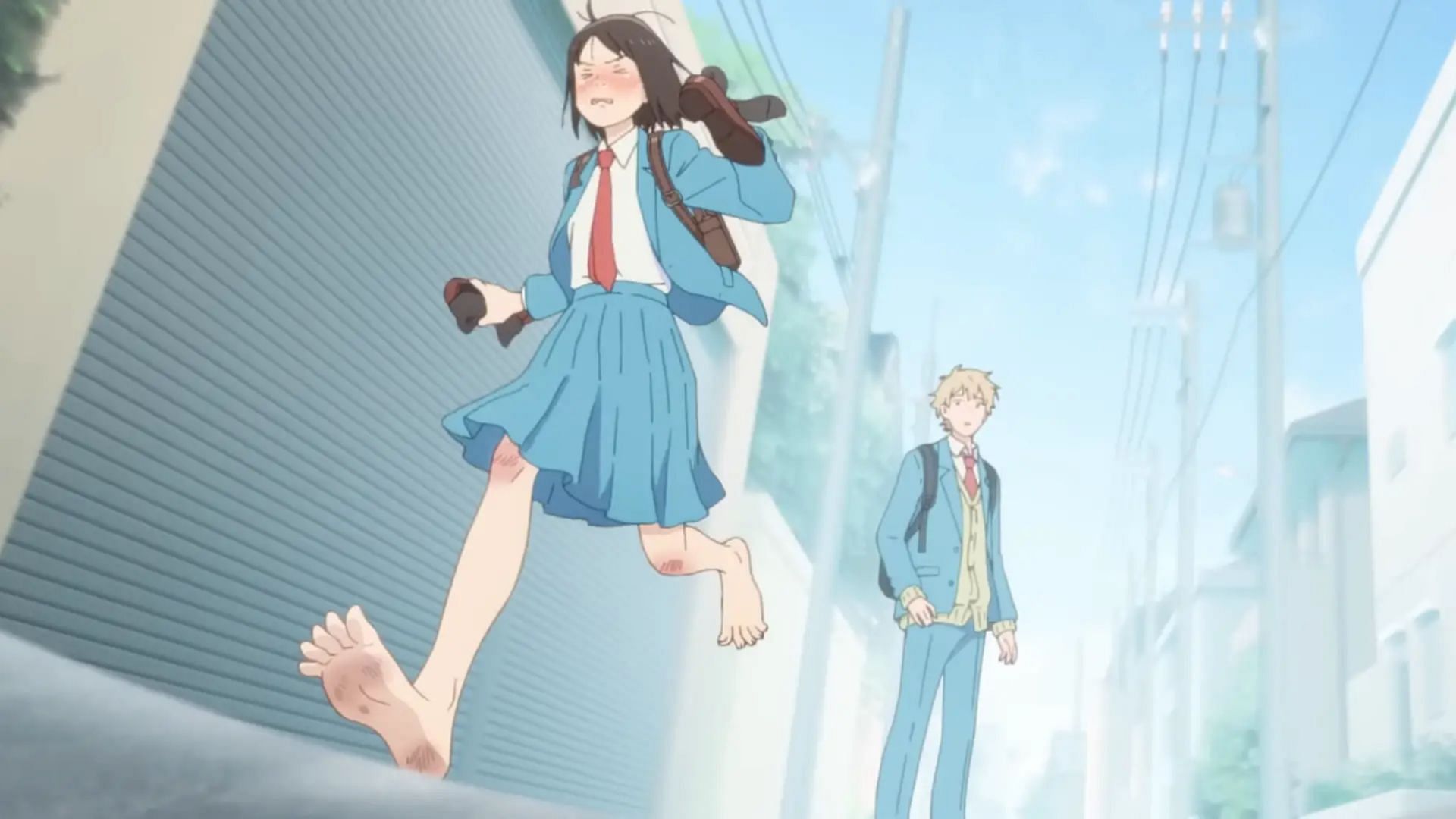 A still of Mitsumi and Sousuke running from Skip and Loafer (Image via P.A. Works)