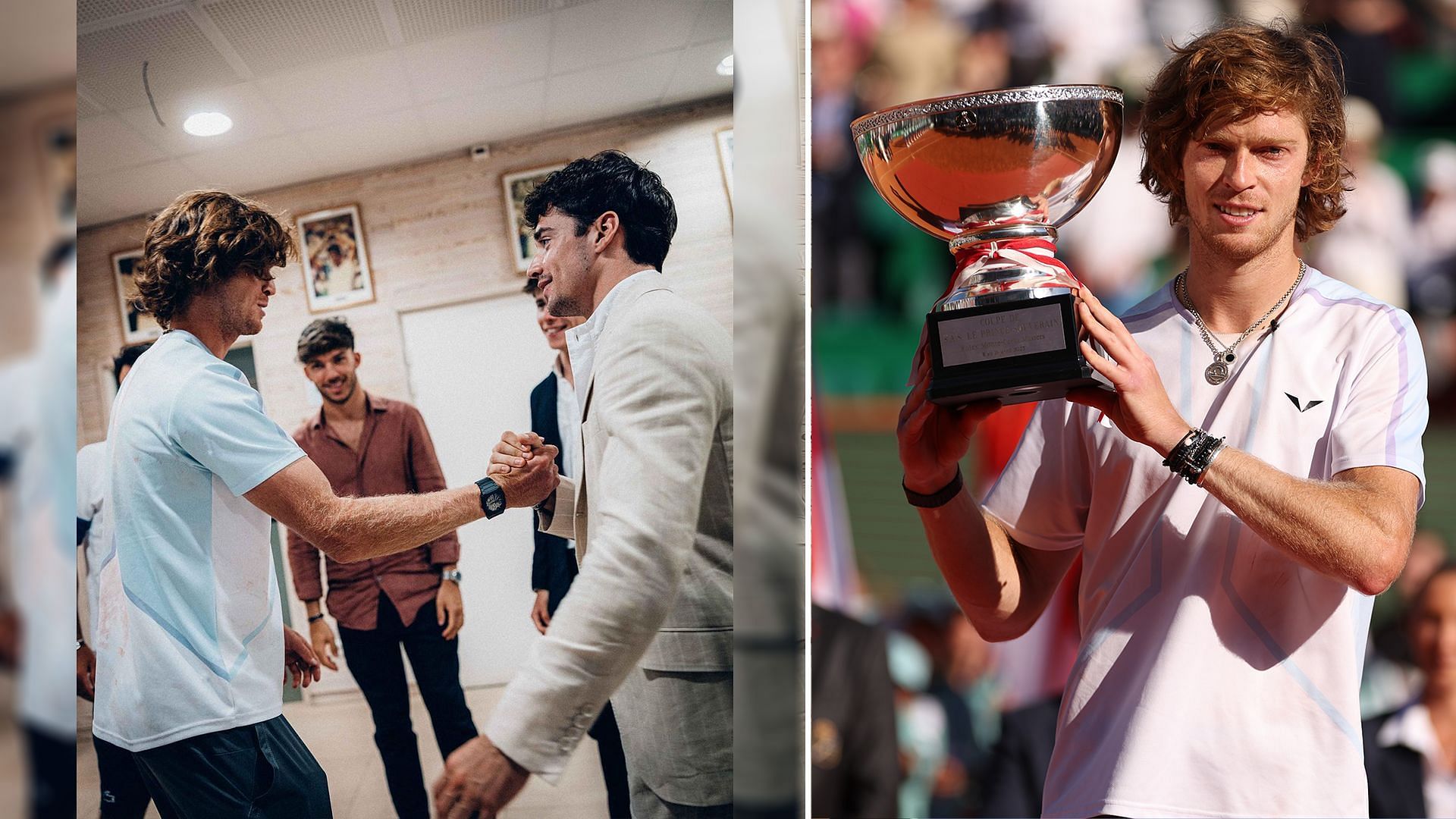 Andrey Rublev celebrates Monte-Carlo Masters triumph with Charles Leclerc and Pierre Gasly