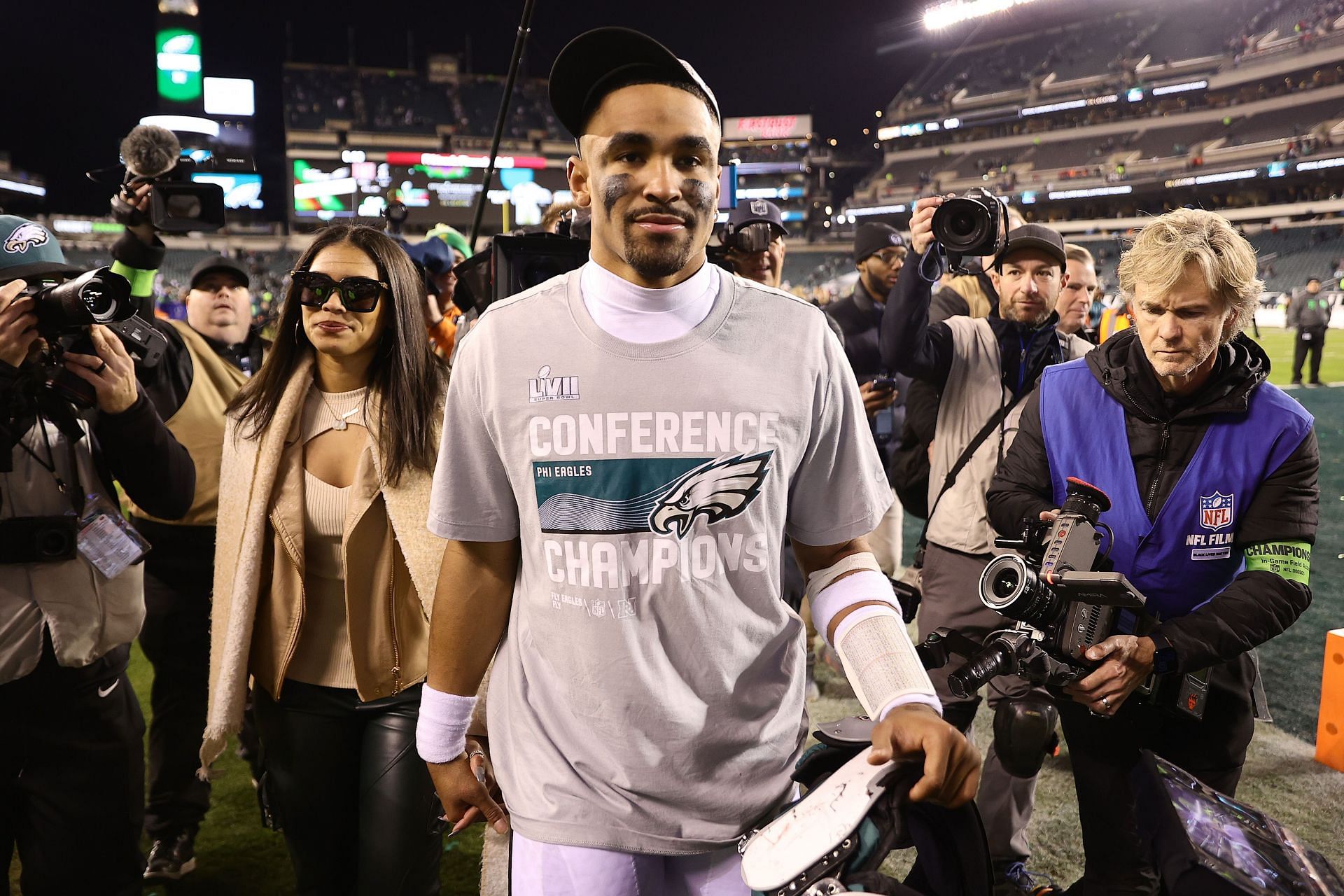 Jalen Hurts and Bry Burrows at the NFC Championship - San Francisco 49ers v Philadelphia Eagles game