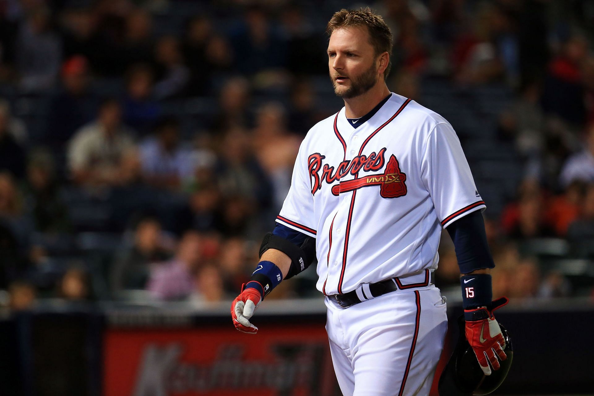 A.J. Pierzynski walks off the field after being thrown out in the fourth inning against the Arizona Diamondbacks at Turner Field