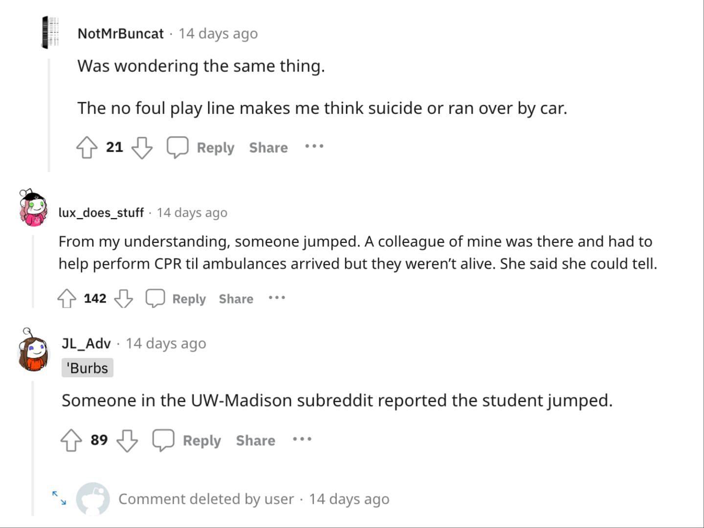 Social media users speculate that the student who passed away at UW Madison died due to suicide, and not accident. (Image via Reddit)