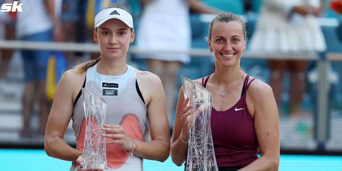 Champion Petra Kvitova and runner-up Elena Rybakina at the 2023 Miami Open.