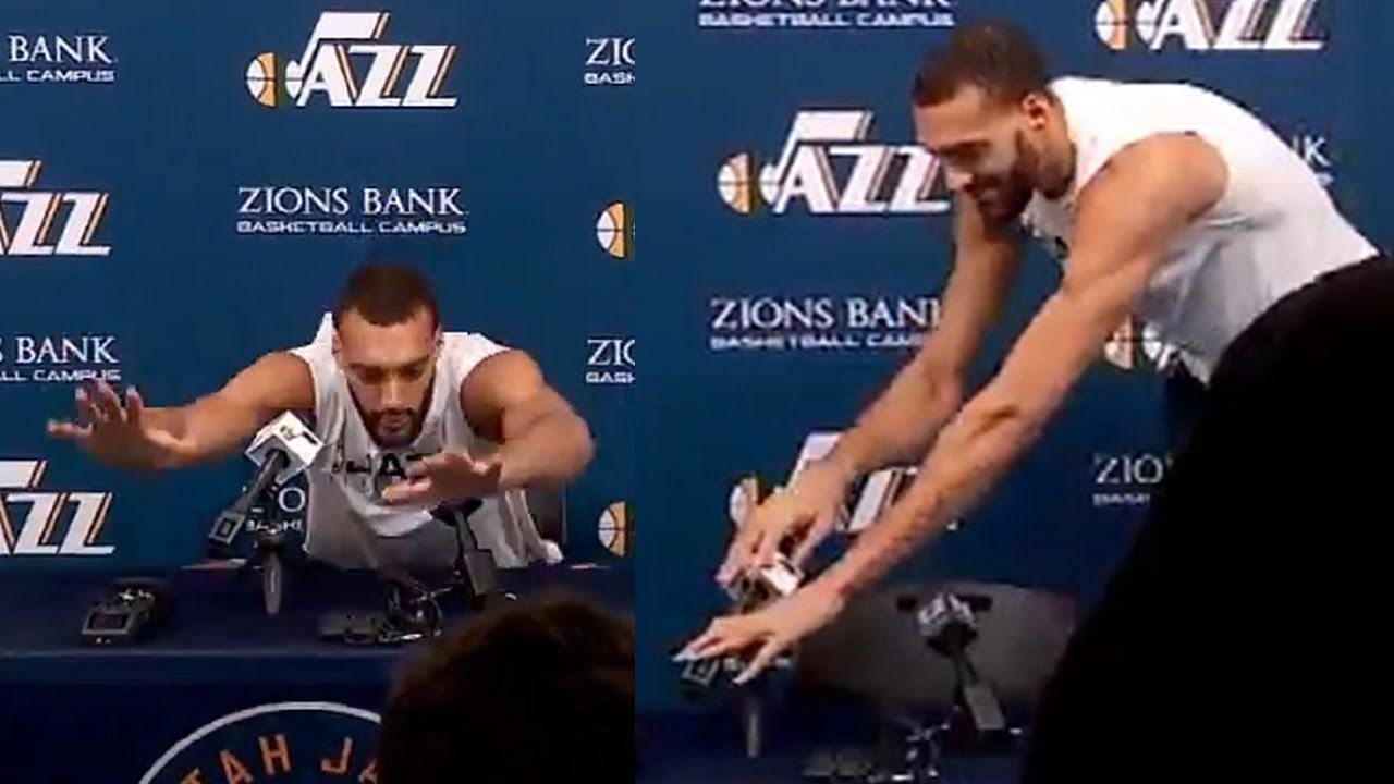 Former Utah Jazz center Rudy Gobert mocking COVID-19 during his infamous press conference in March 2020