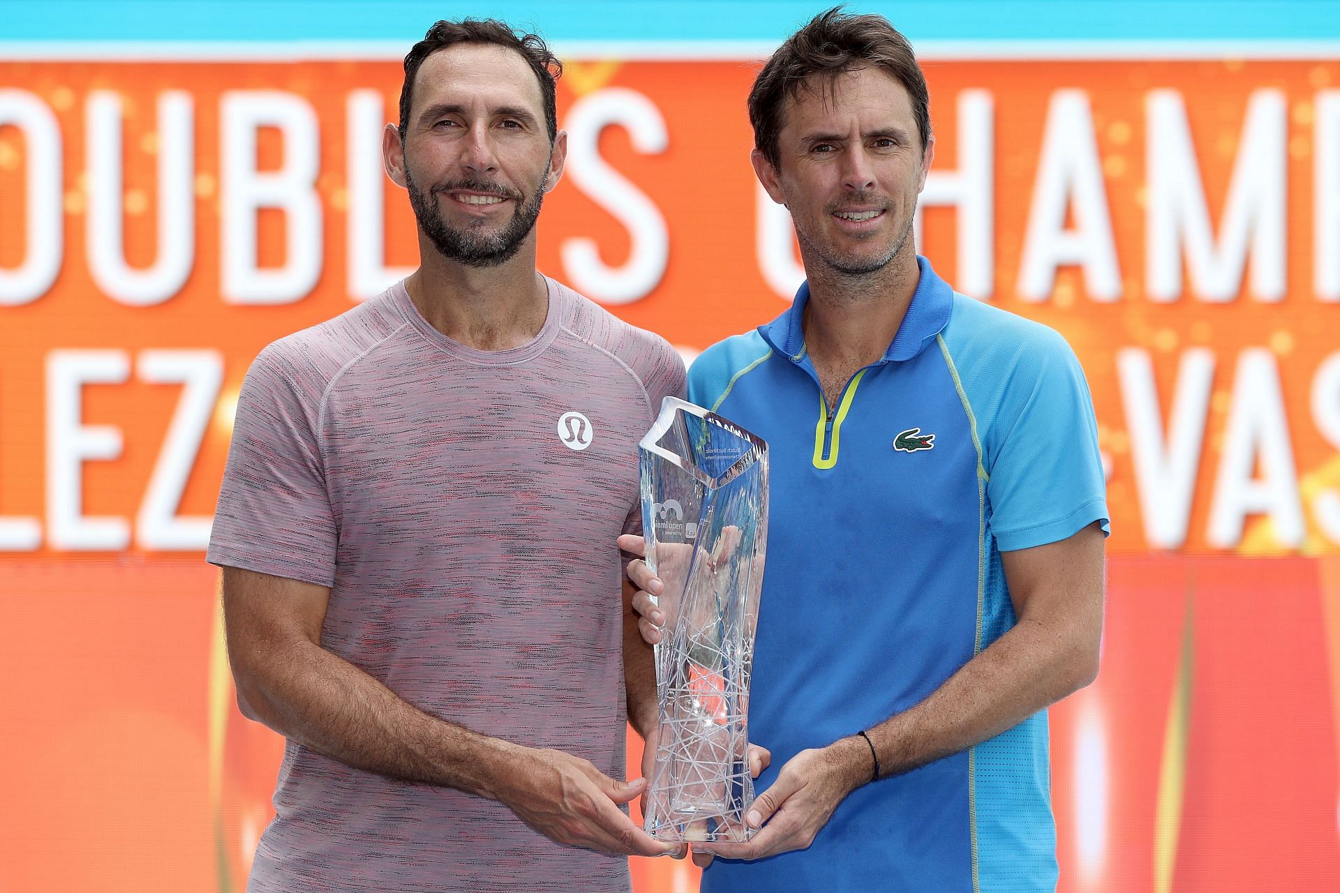 Santiago Gonzalez and Edouard Roger-Vasselin with the 2023 Miami Open doubles title