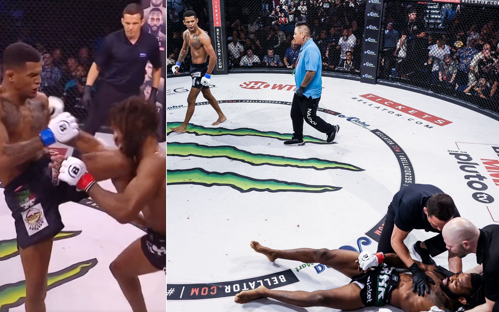 Patchy Mix KOs Raufeon Stots [Left], and Mix vs. Stots aftermath[Right] [Photo credit: Bellator MMA/ Lucas Noonan, and  @BellatorMMA - Twitter]