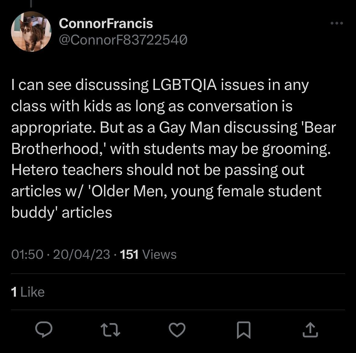 A user talked about how it was not an appropriate topic of conversation for a classroom (Image via Twitter/ConnorF83722540)