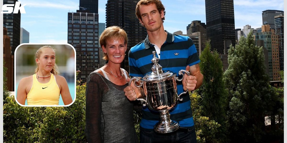 Andy Murray pictured alongside his mother Judy and Mirra Andreeva