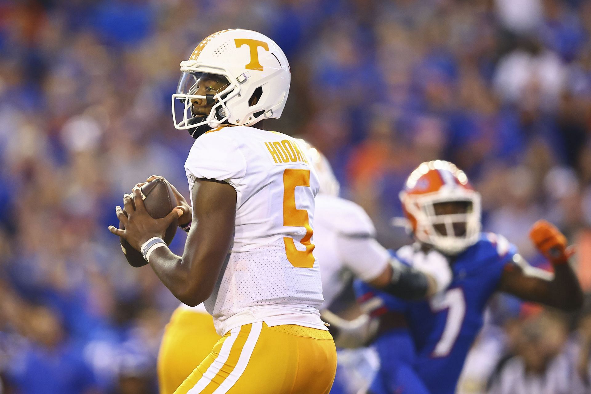 Hendon Hooker #5 of the Tennessee Volunteers looks to pass during the first quarter of a game against the Florida Gators 