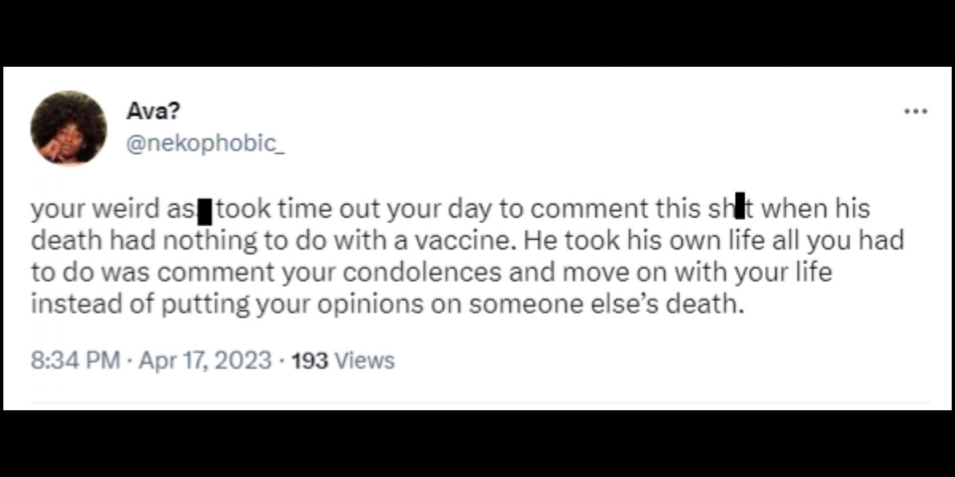 Vaccine speculation regarding Barron Alexander&#039;s death was slammed. (Image via Twitter/@nekophobic_)