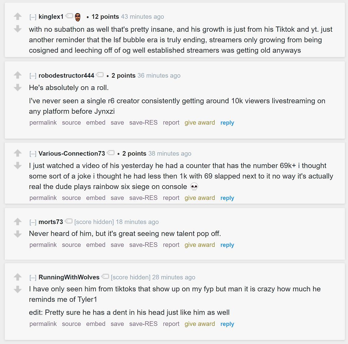 Redditors sharing their thoughts on the Twitch streamer becoming the most subscribed personality (Image via r/LivestreamFail)
