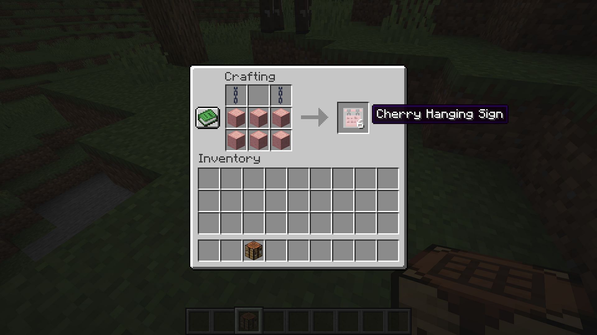 Players can craft hanging signs using six stripped log blocks and two chains in Minecraft 1.20 Trails and Tales update (Image via Mojang)