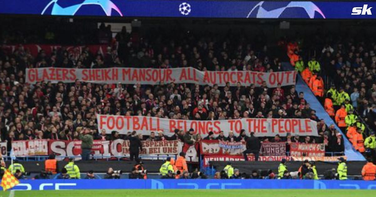 Bayern fans brandish banner opposing Manchester City and Manchester United owners.