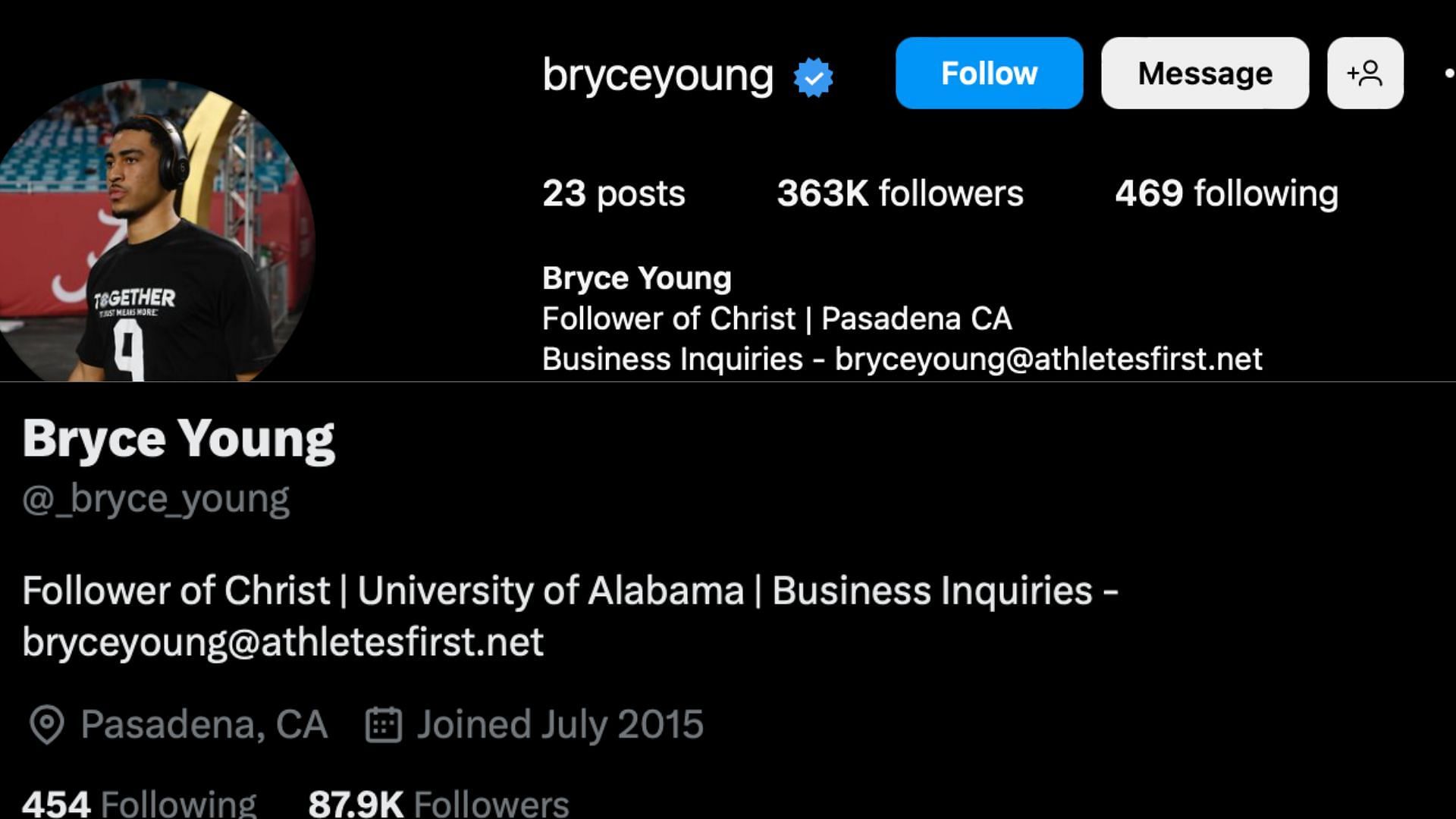 Bryce Young&#039;s IG (top) and Twitter (bottom) banners.