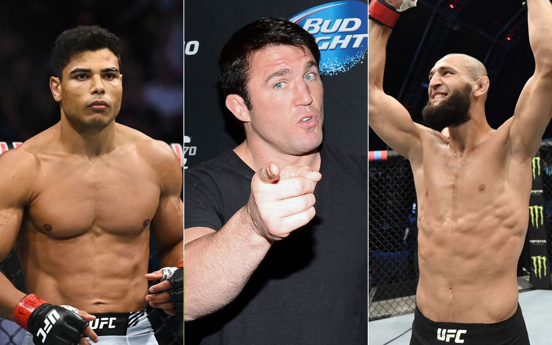 Paulo Costa [Left], Chael Sonnen [Middle], and Khamzat Chimaev [Right]