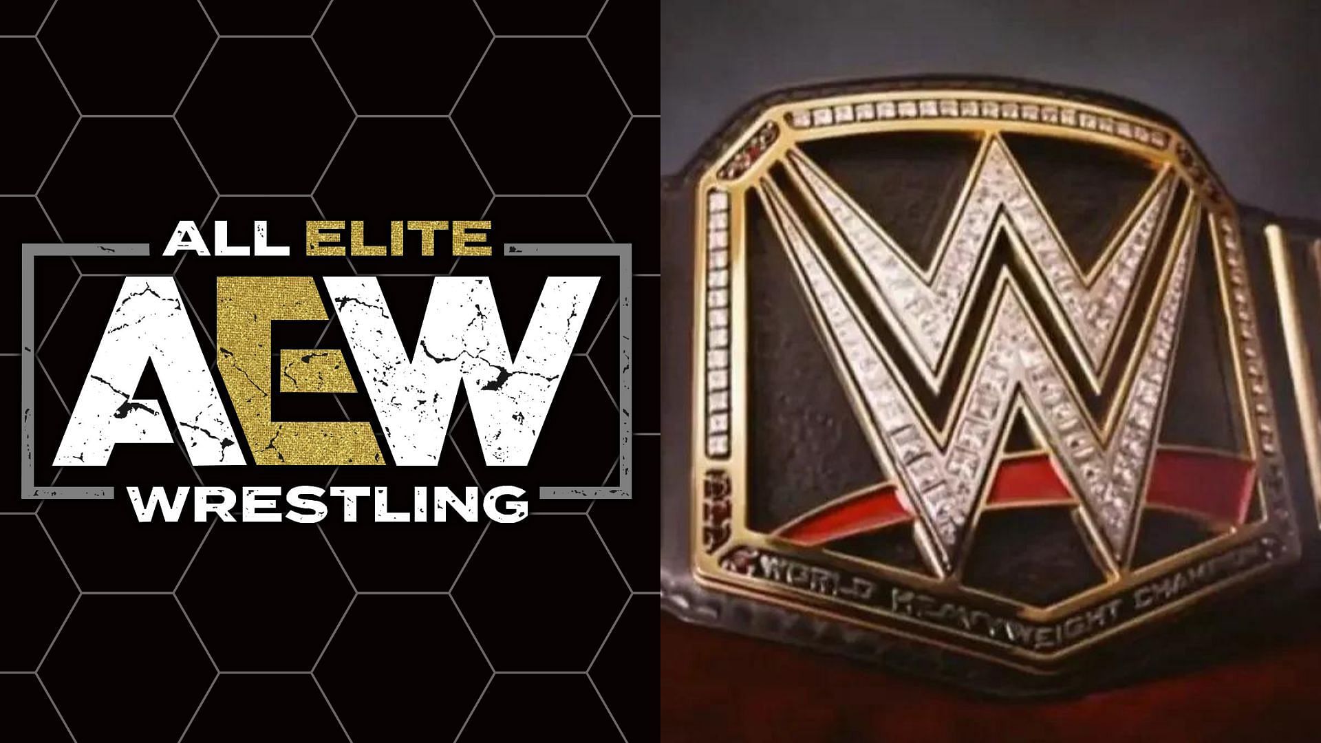 AEW logo (left), WWE Championship belt (right)