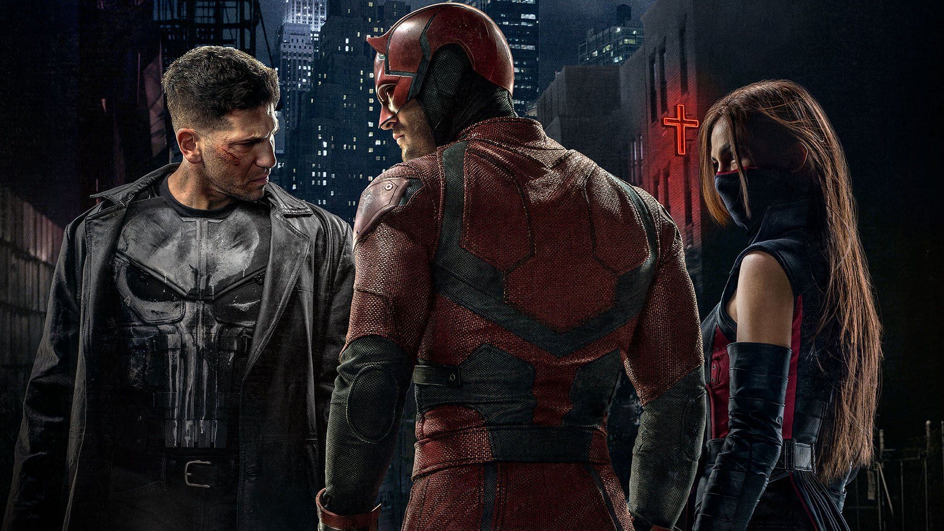 The Punisher (left); Daredevil (middle); Elektra(right) (Image via Netflix)