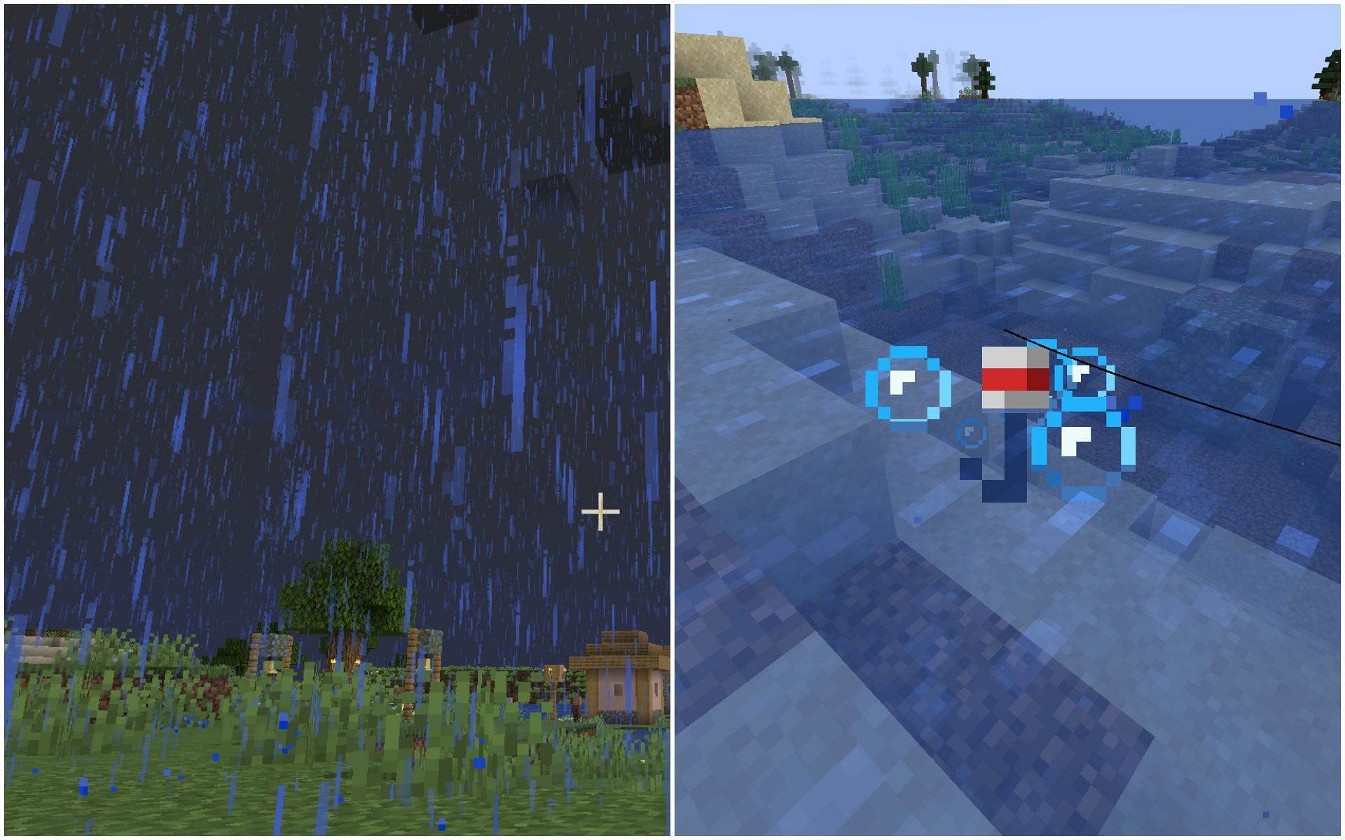 The wait time is altered by the place of the bobber and the weather in Minecraft (Image via Sportskeeda)