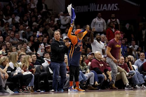 Spike Lee celebrating the New York Knicks' first-round series win against the Cleveland Cavaliers on Wednesday night