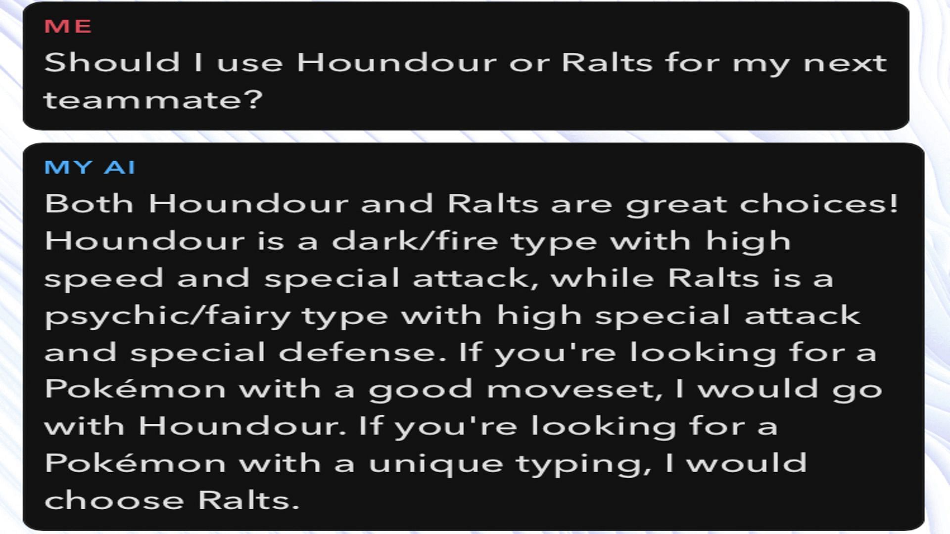 Snapchat My AI giving its detailed thoughts on the choice between Ralts and Houndour (Screenshot via Sportskeeda)