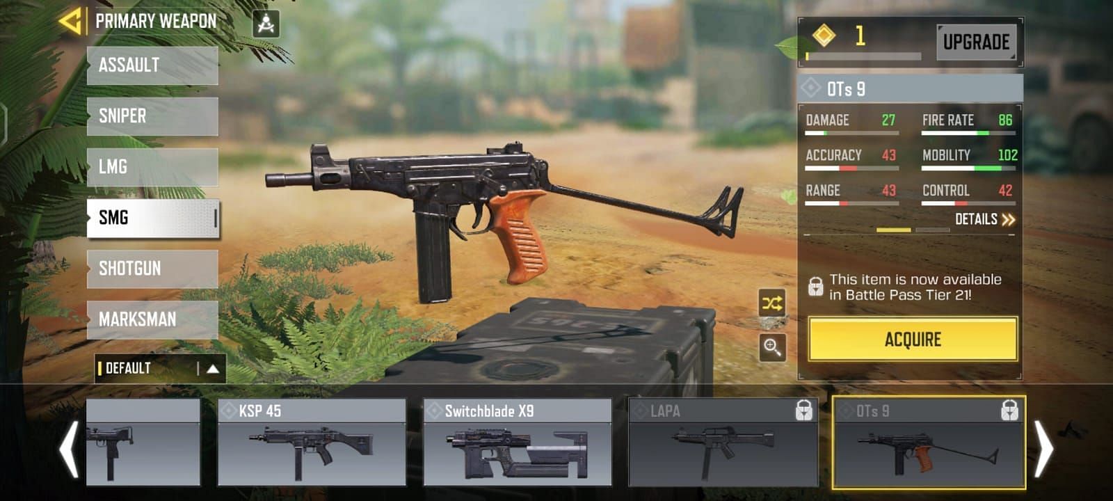 OTs 9 SMG is available for free at Tier 21 of Battle Pass (Image via COD Mobile)
