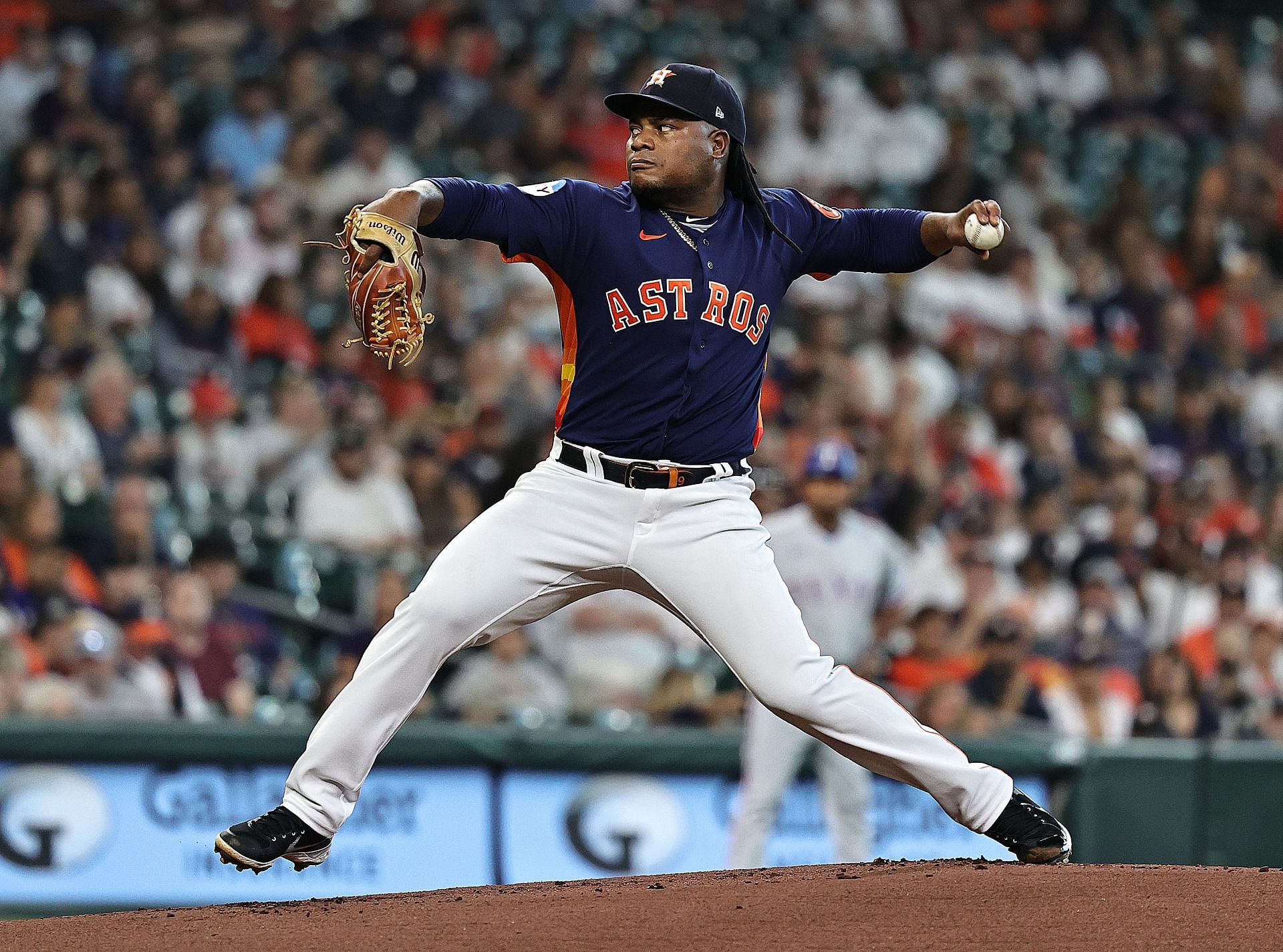 Framber Valdez #59 of the Houston Astros pitches in the first inning against the Texas Rangers
