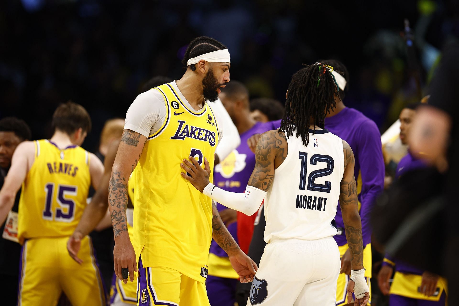 Anthony Davis of the LA Lakers and Ja Morant, right, of the Memphis Grizzlies