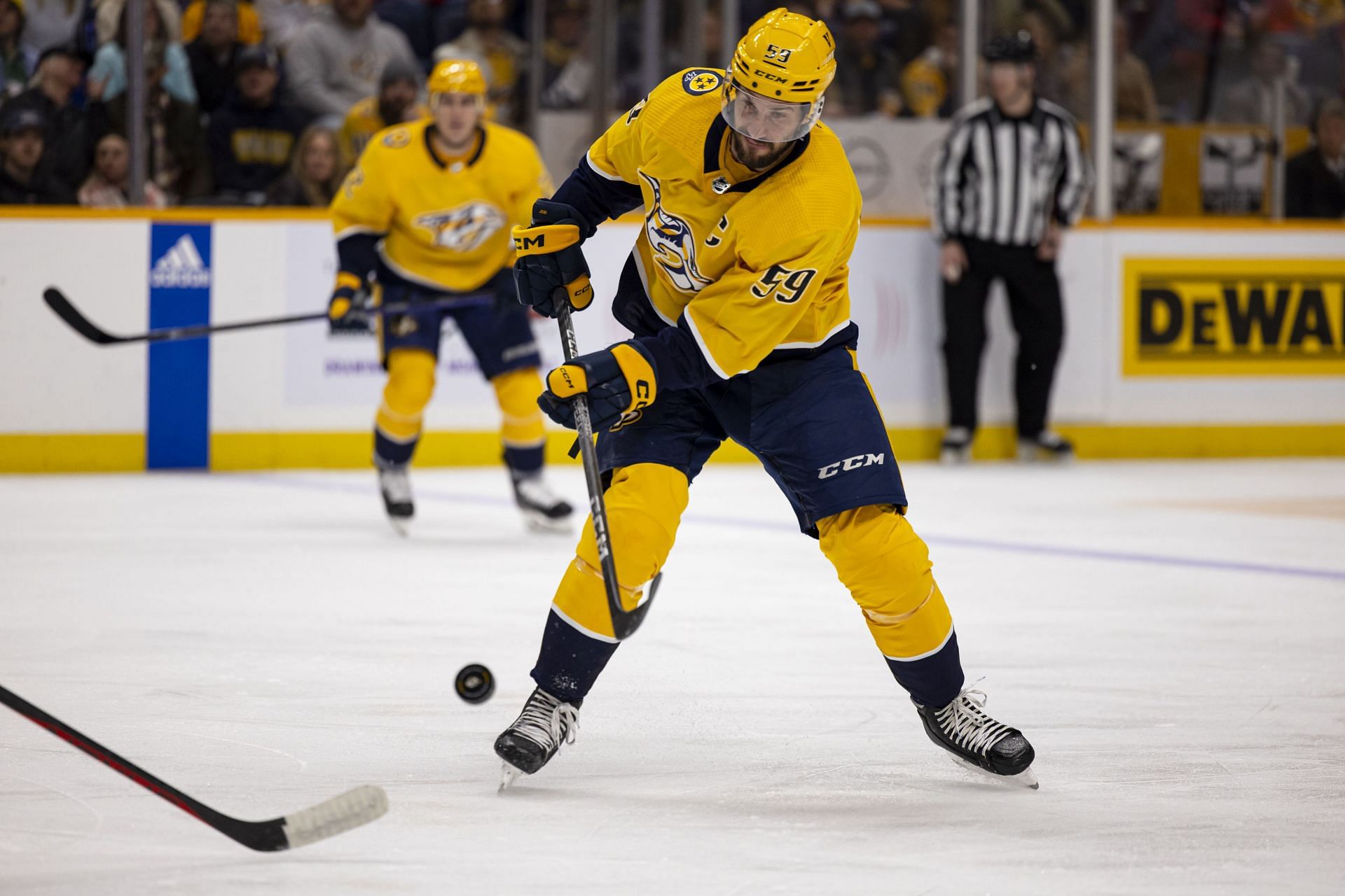 Roman Josi #59 of the Nashville Predators passes the puck