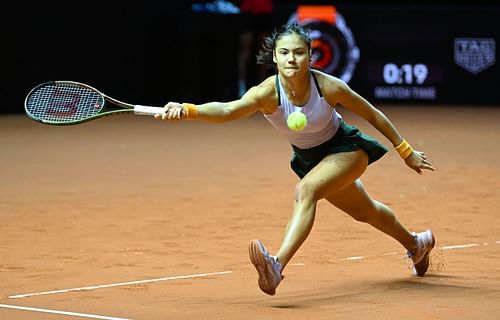 Emma Raducanu in action at Porsche Tennis Grand Prix Stuttgart 2022