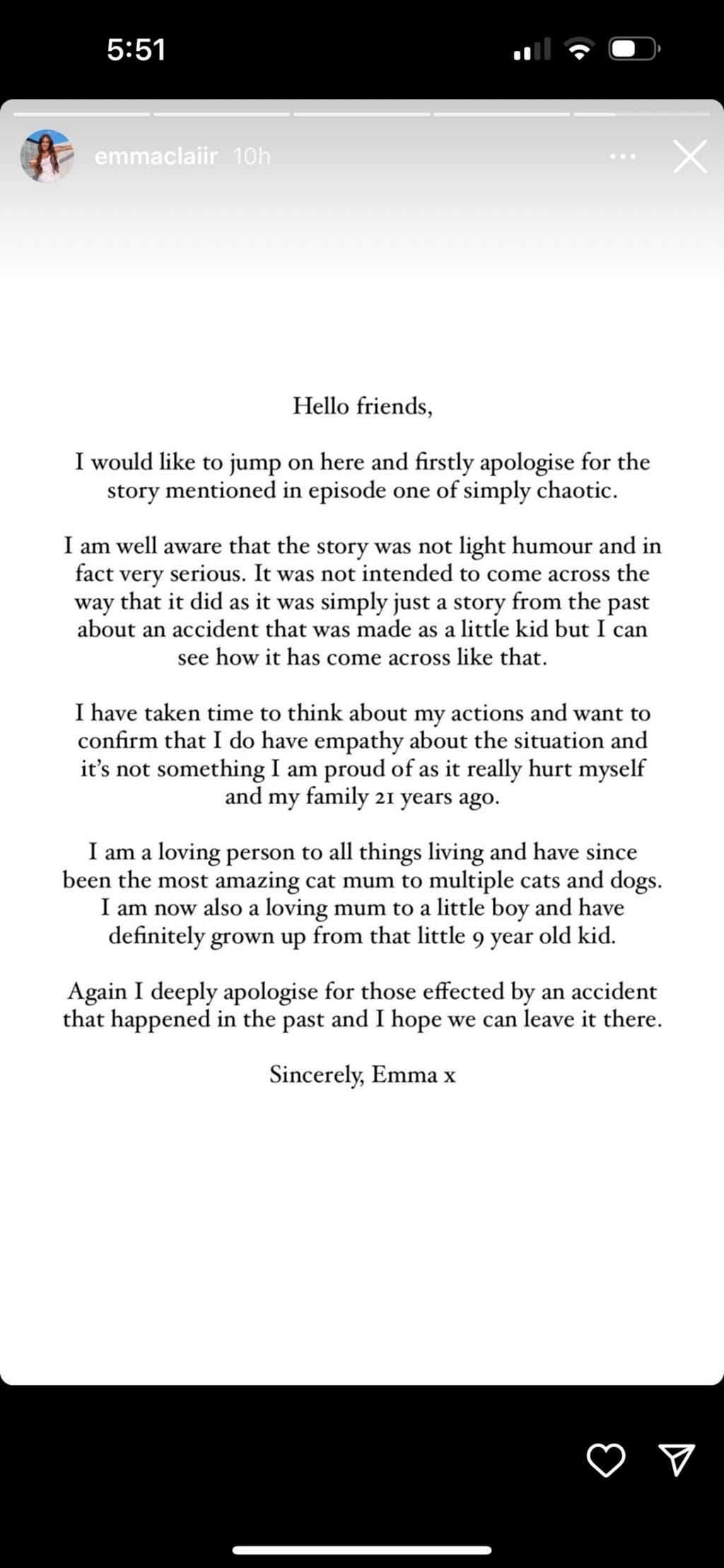 Emma Claiir uploads an apology statement after amassing backlash (Image via emmaclaiir/Instagram)