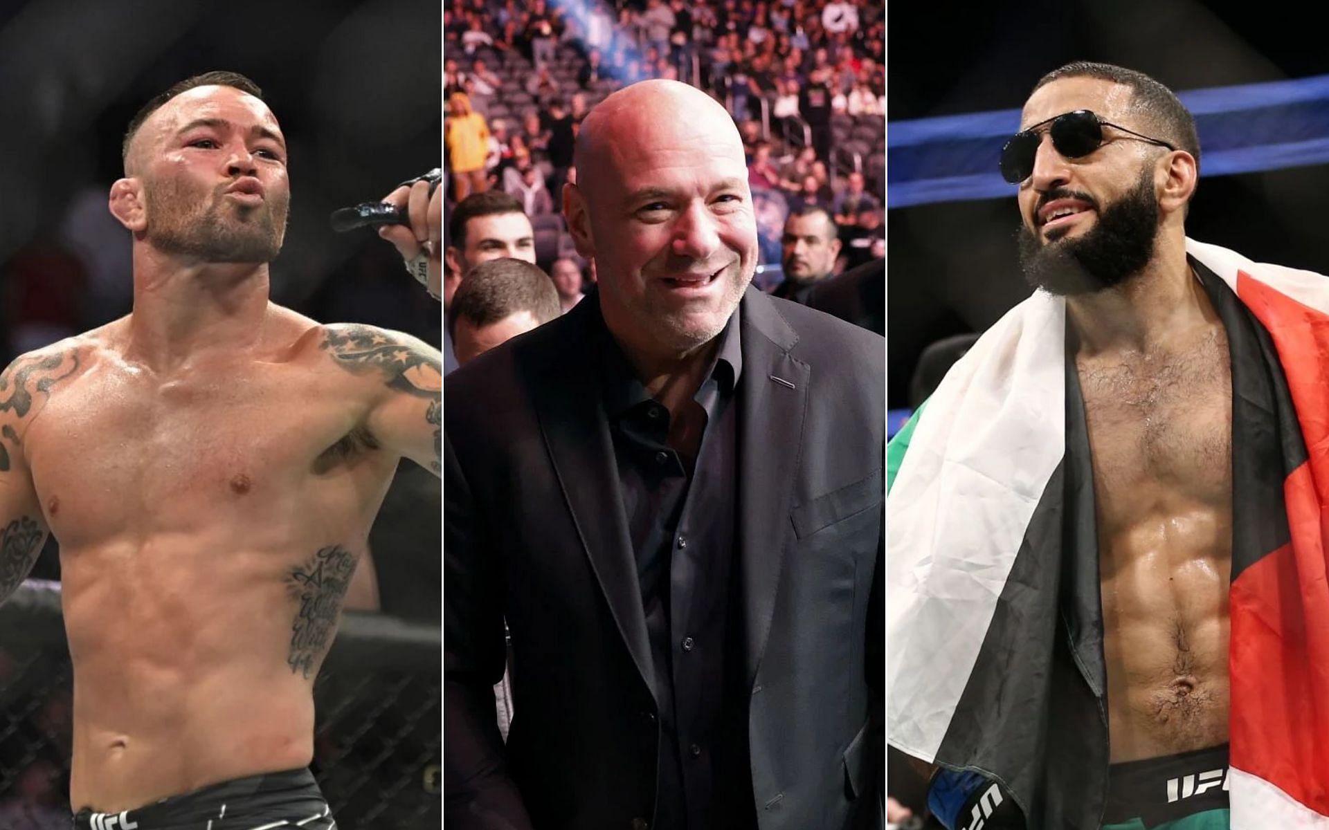 Colby Covington [Left], Dana White [Middle], and Belal Muhammad [Right]