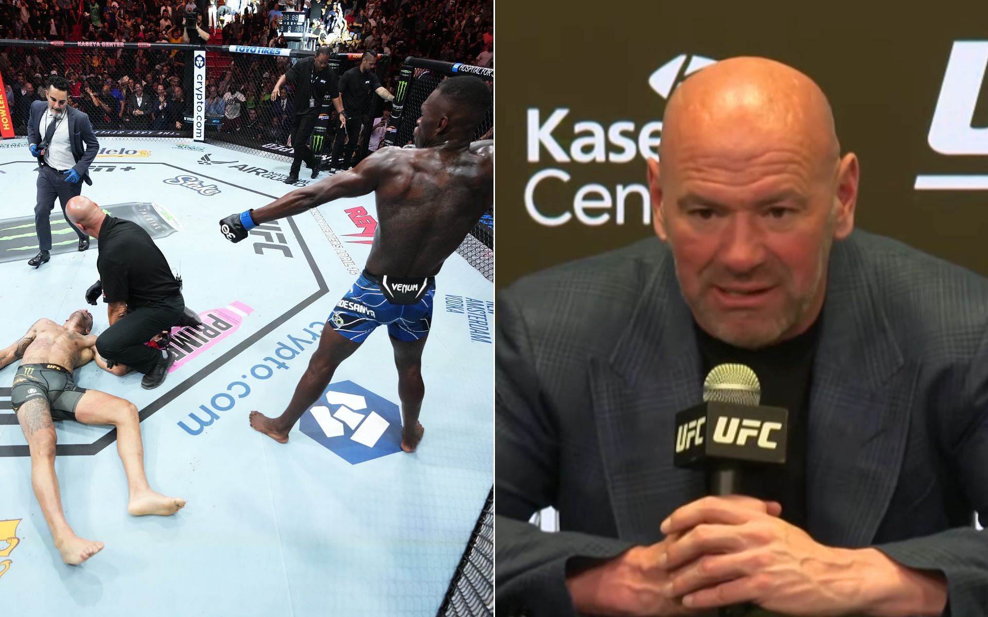 Israel Adesanya vs. Alex Pereira [Left], and Dana White [Right] [Photo credit @ufc - Twitter, and UFC - Ultimate Fighting Championship - YouTube]