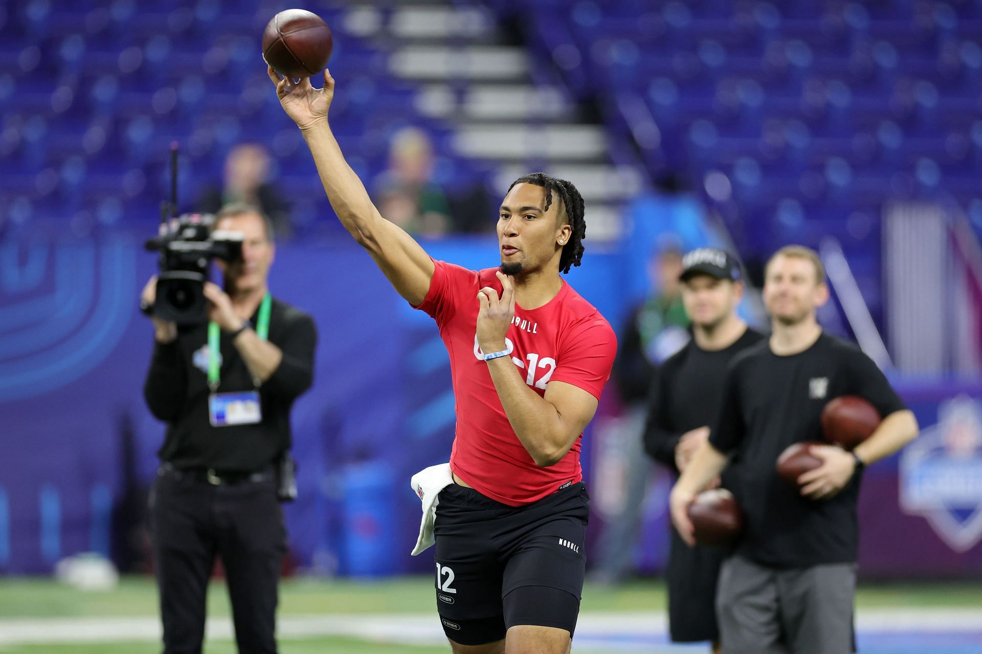 CJ Stroud of Ohio State participates in a drill during the NFL Combine