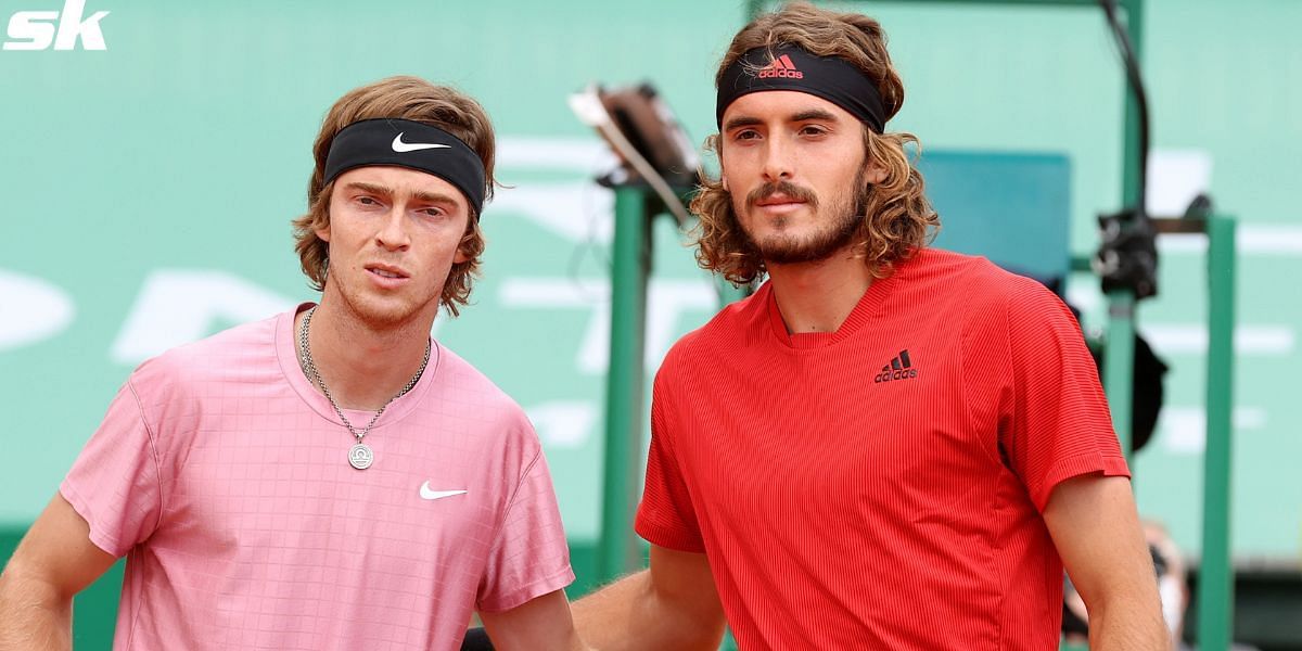 Andrey Rublev (L) and Stefanos Tsitsipas