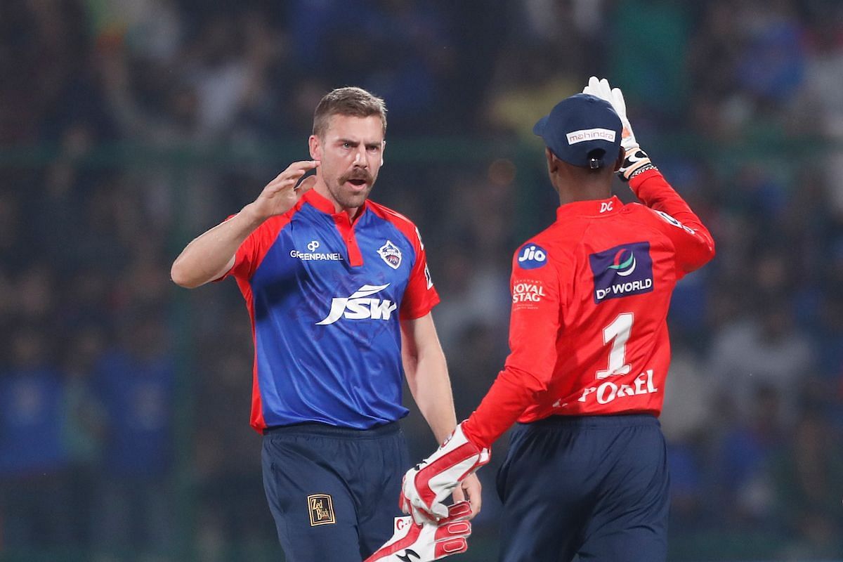 Abhishek Porel celebrates a wicket with Anrich Nortje. (Credits: Twitter)