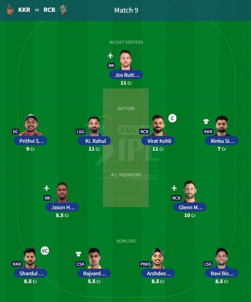 Best IPL 2023 Fantasy Team for IPL Match 9 - KKR vs RCB