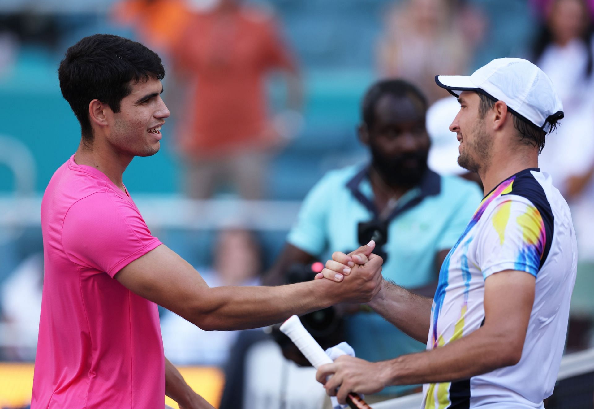 Carlos Alcaraz and Dusan Lajovic after their match at the 2023 Miami Open