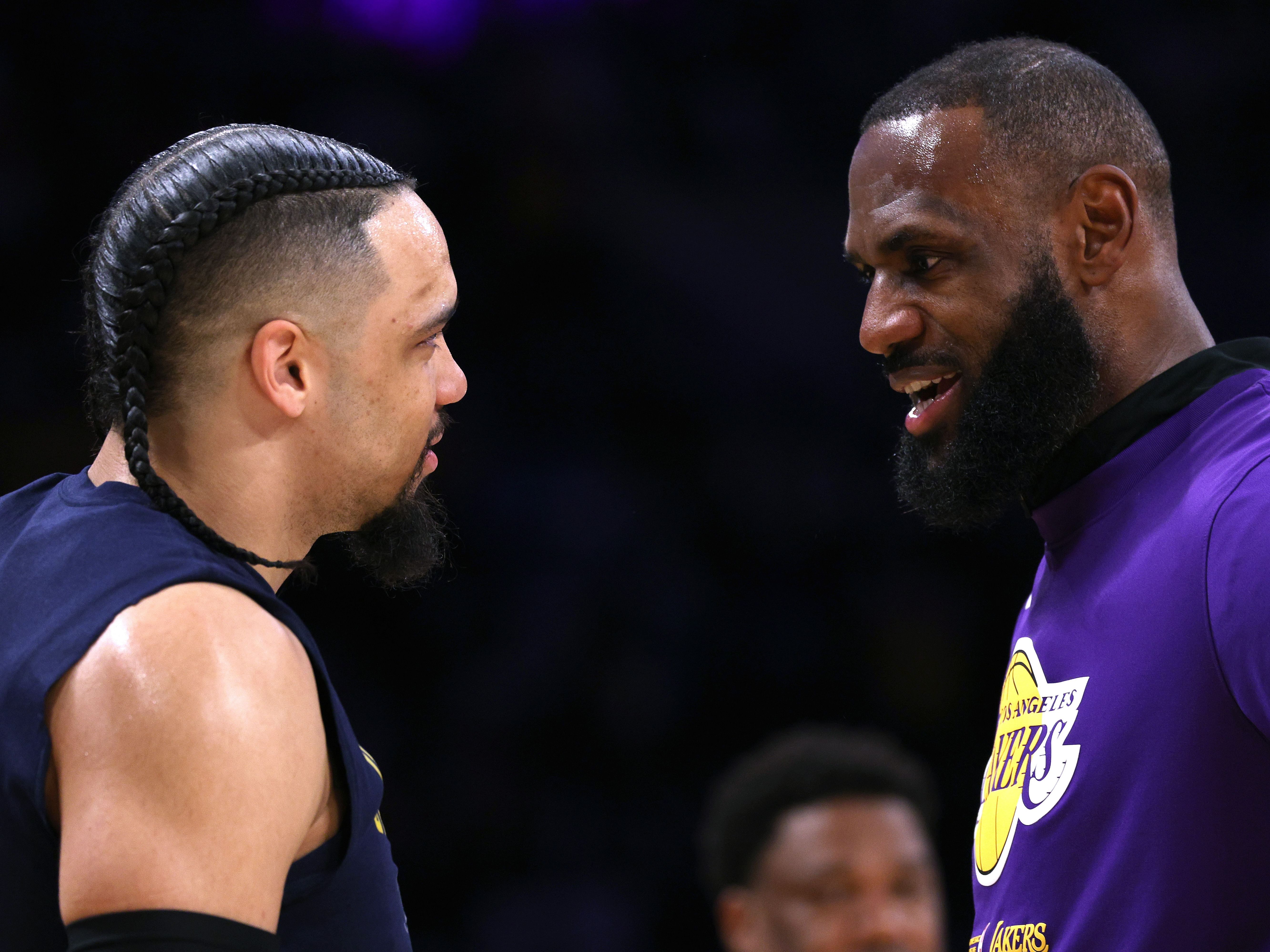 Dillon Brooks and LeBron James chat before Game 3 
