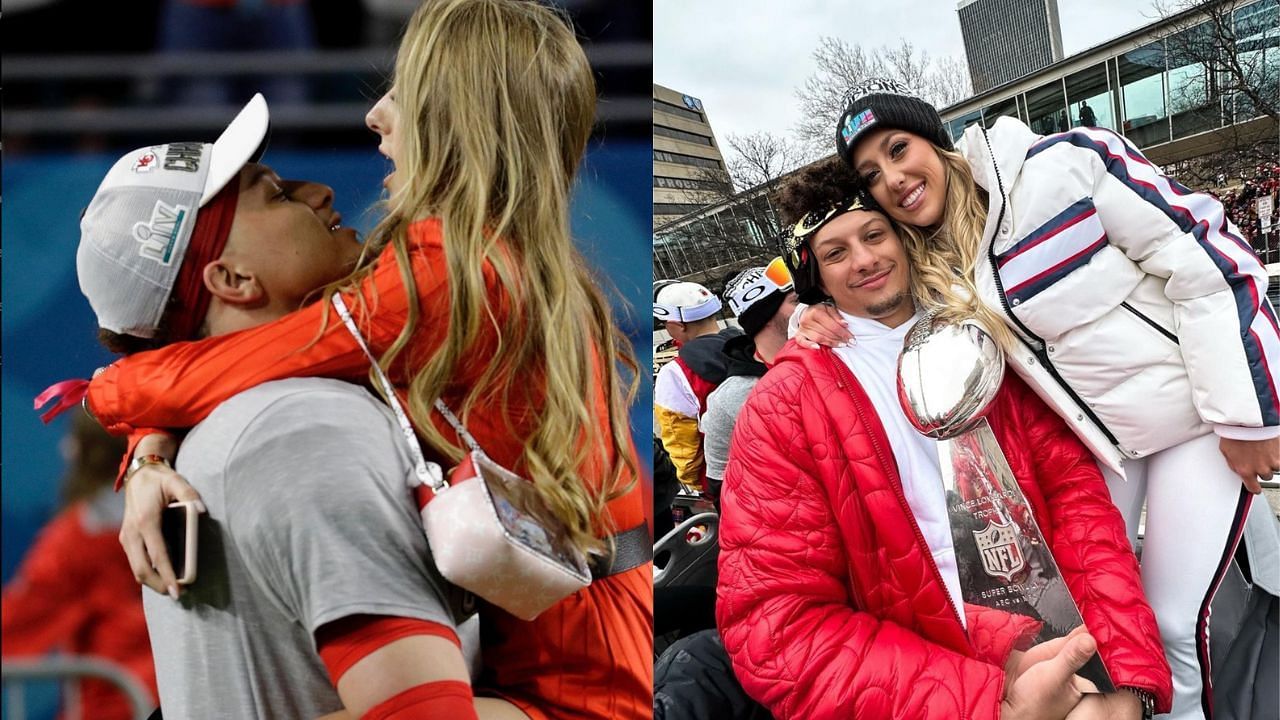 Brittany with Patrick after the Chiefs won Super Bowl 54 (l) and Super Bowl 57 (r). Credit: @brittanylynne (IG)
