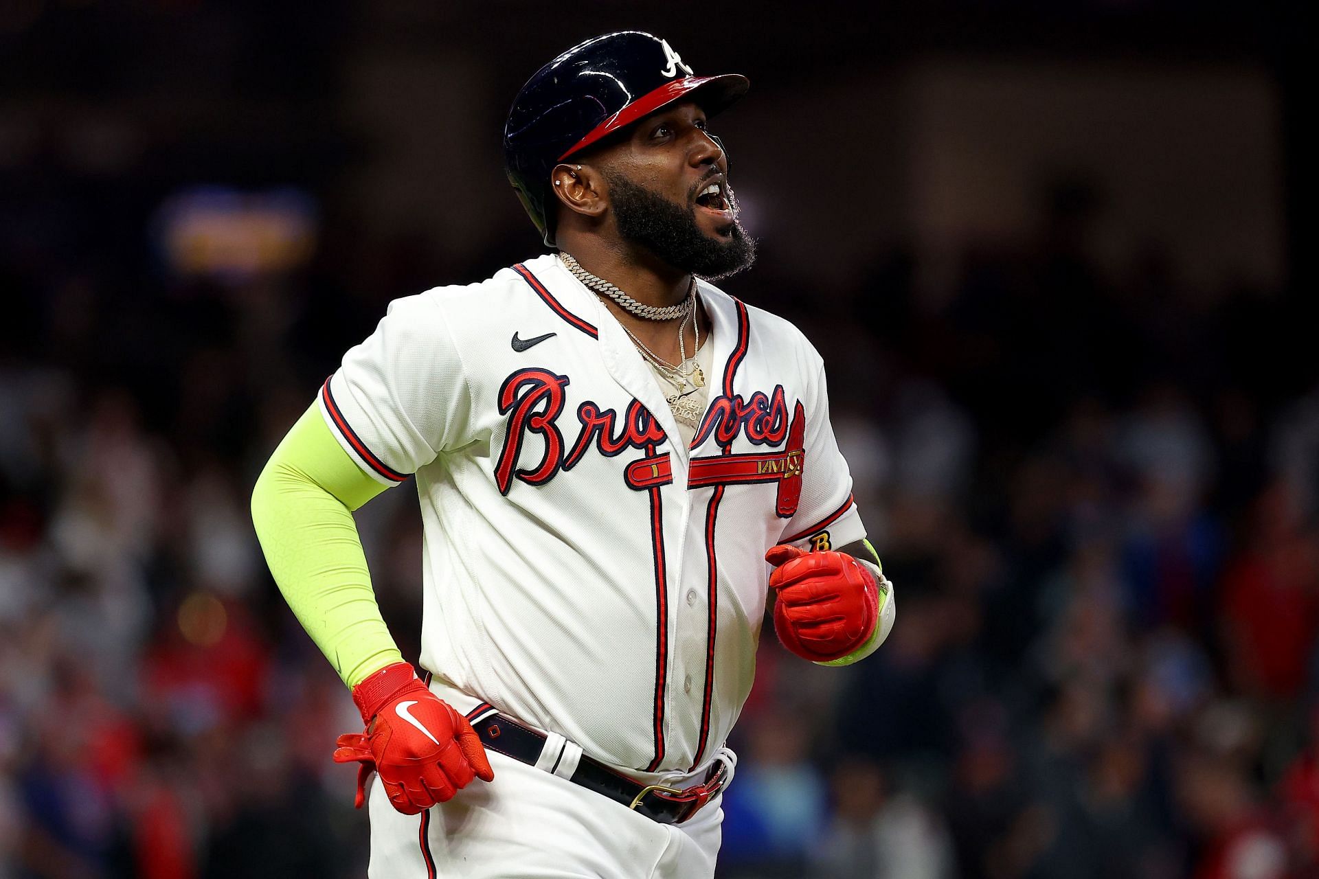 Marcell Ozuna of the Atlanta Braves reacts after getting out.